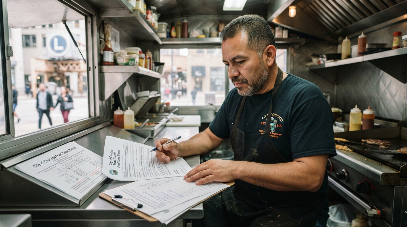 Editorial illustration for Chicago Food Truck Permits: The Licenses You Need and the 200-Foot Rule That Shapes Your Business Model