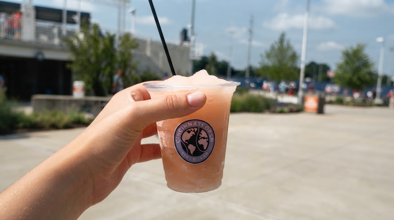 A refreshing Dobel Tequila Ace Paloma cocktail at the Cincinnati Open, with the tennis match and excited spectators visible in the background.