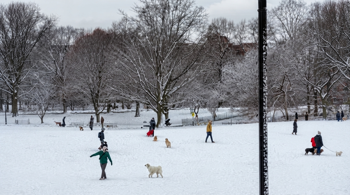 Happy dogs of various breeds running and playing freely in a sun-drenched, spacious off-leash dog park in Cook County.