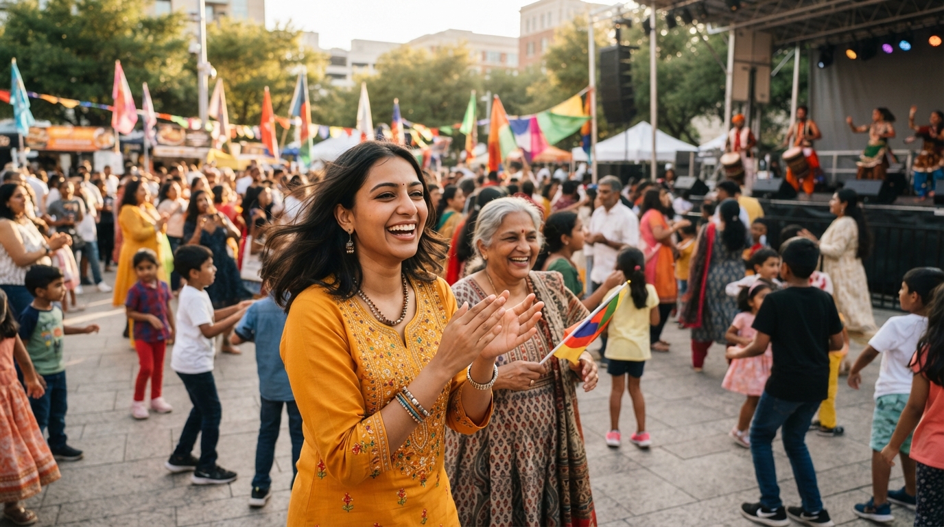 Diverse crowd enjoying free cultural festival with ballet folklórico and mariachi performances in DFW Metroplex during September.