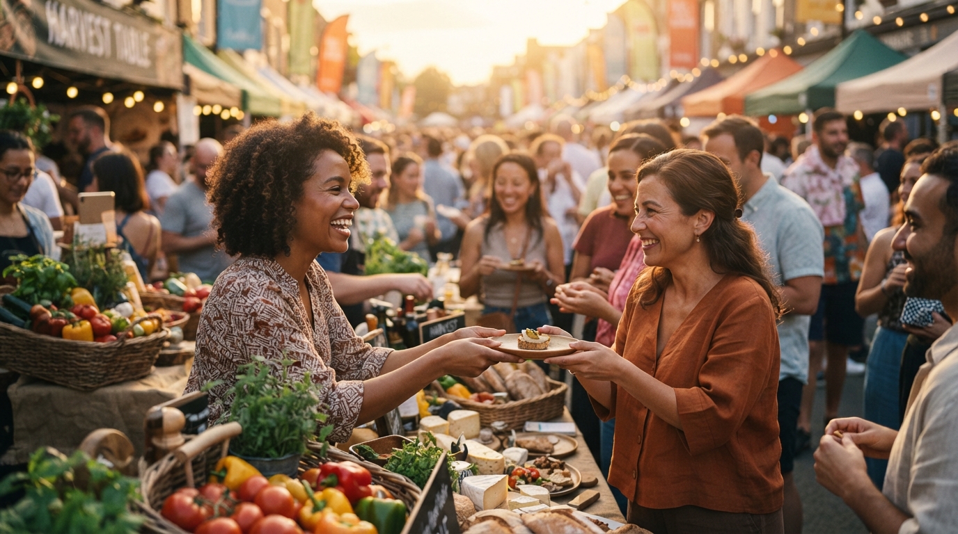 A lively outdoor food festival with diverse attendees enjoying local food and artisanal products from vibrant stalls during golden hour.
