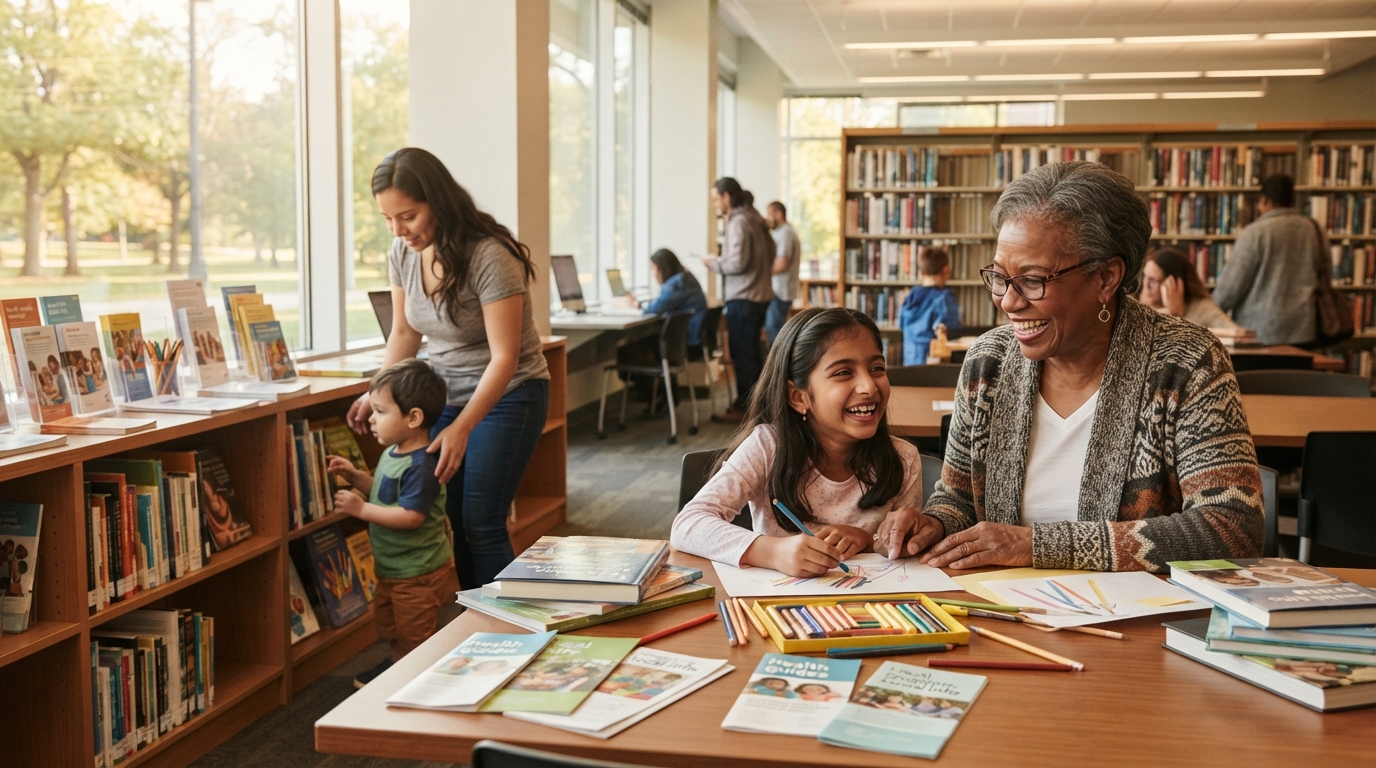 A vibrant community gathering inside a modern library, showcasing diverse people engaging with books and various community resources, symbolizing connection and support.