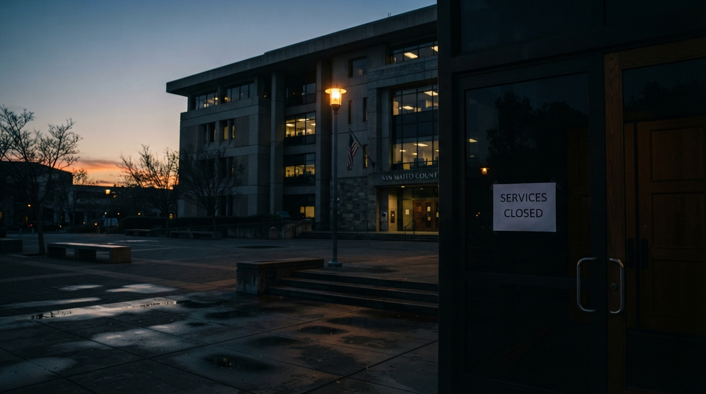 San Mateo County government building at dusk, with a 'Services Closed' sign, symbolizing the impact of a $226 million state funding gap on local services.