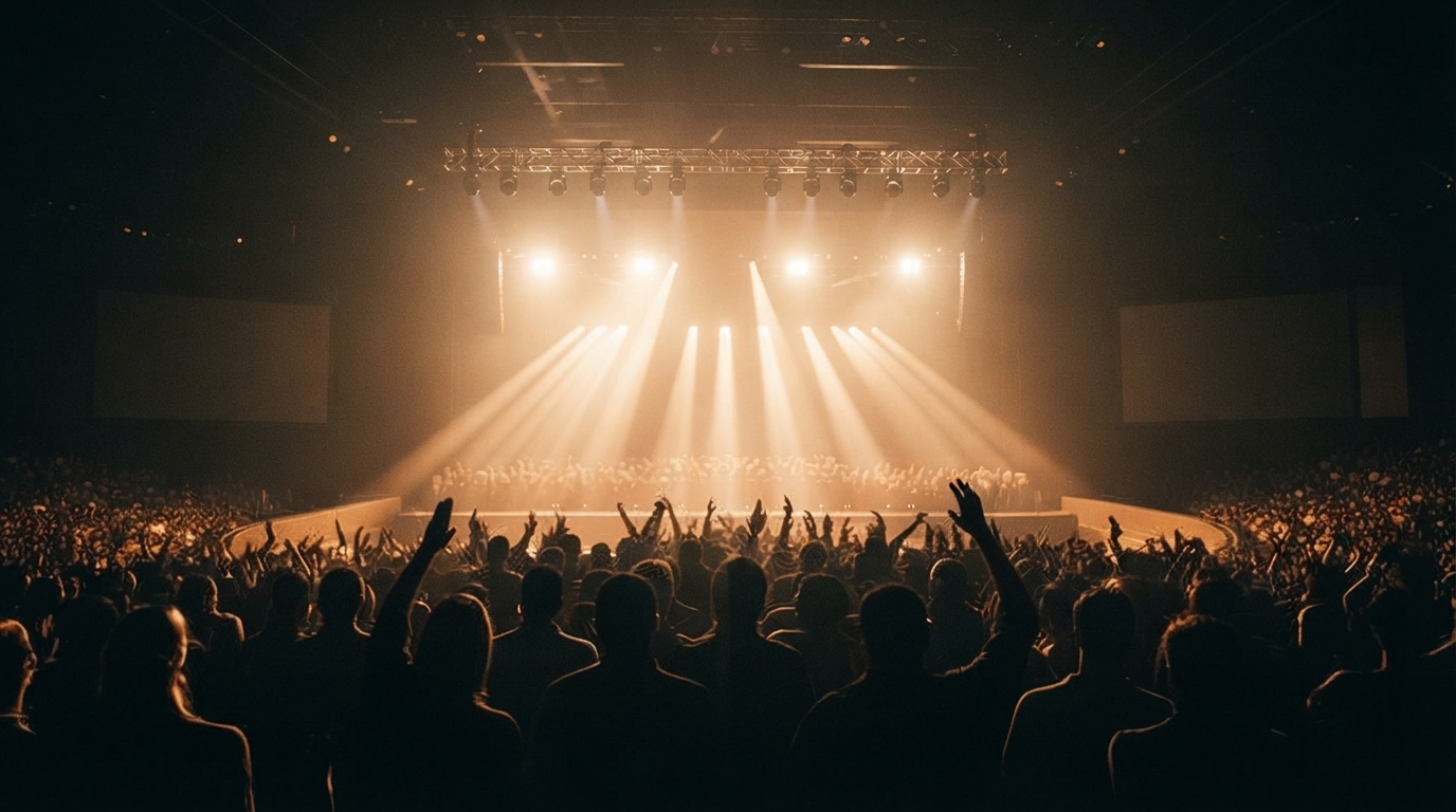 A split image contrasting a large stadium concert with a smaller, vibrant local community event, highlighting the diverse September event landscape.
