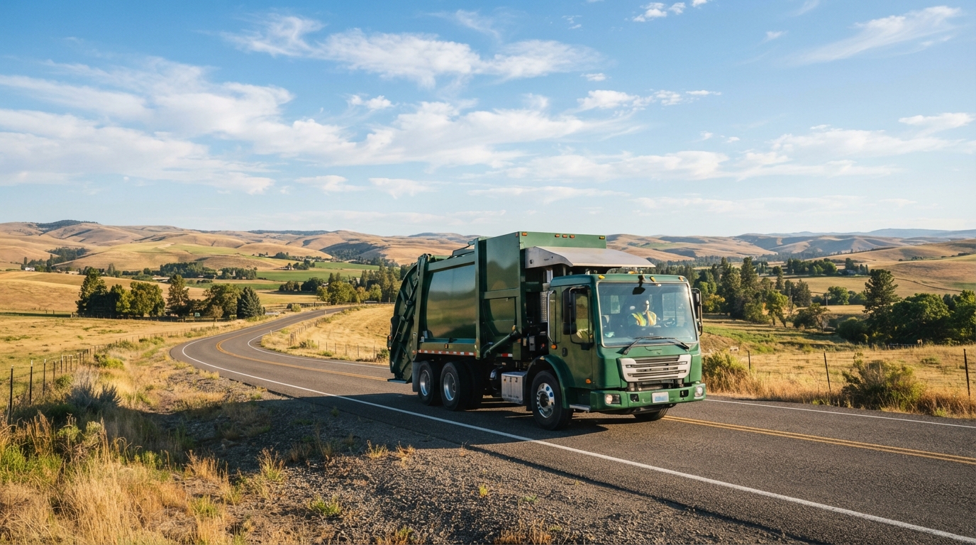 A recycling truck servicing a rural area in Spokane County, symbolizing the expansion of curbside recycling services to all households.