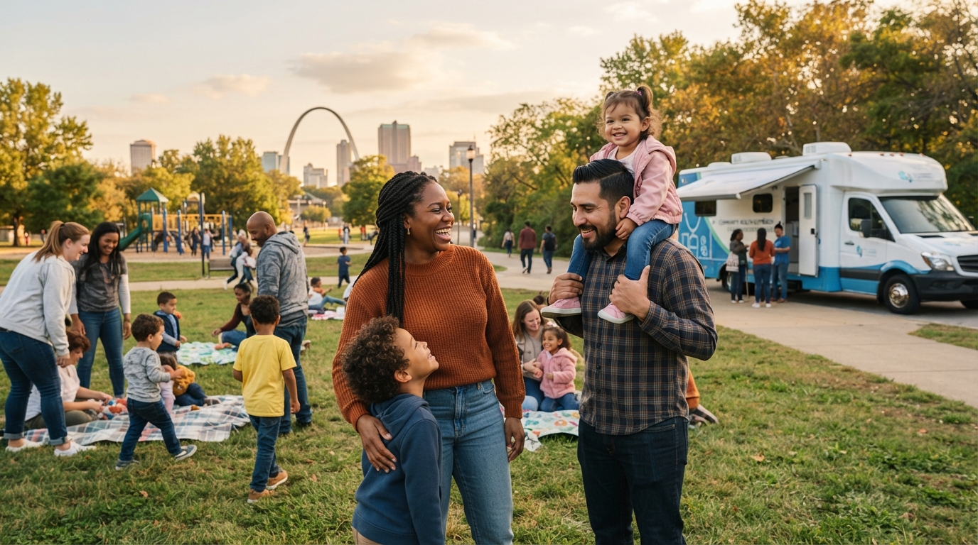 Diverse St. Louis families engaging in community activities, with a mobile mental health unit offering support in the background.