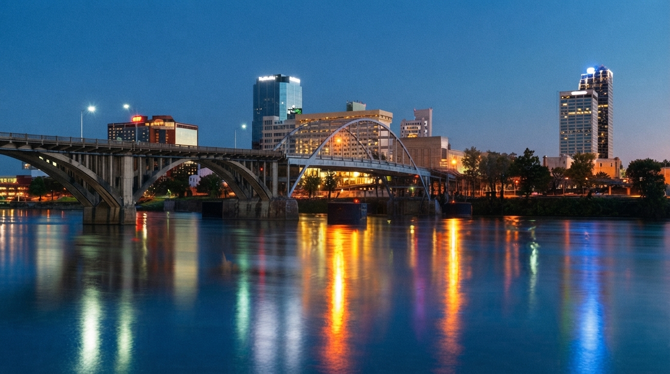 Modern Arkansas cityscape at dawn, symbolizing top employers and employee satisfaction with integrated business and happiness icons.