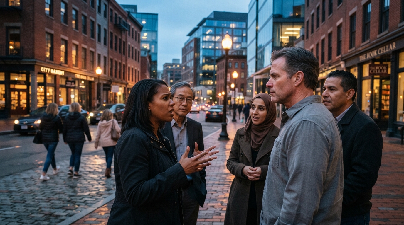 Diverse business owners discussing the impact of Business Improvement Districts on a city street with mixed architecture.