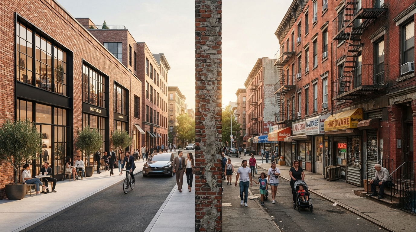 Split image contrasting a gentrified urban street with modern businesses against a historic neighborhood, symbolizing neighborhood change and gentrification.