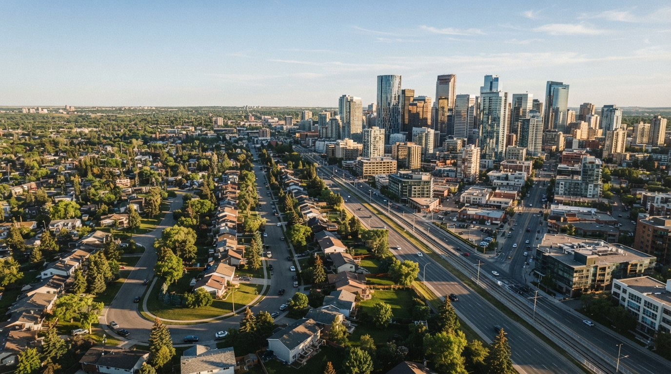 A split image showing a dense urban core with skyscrapers next to a sprawling suburban neighborhood with single-family homes, representing zoning's effect on city growth.