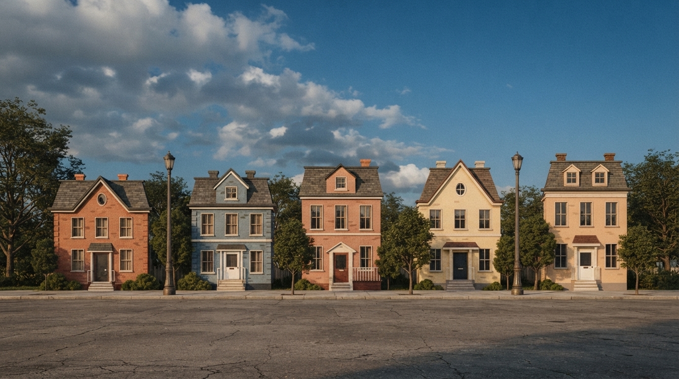 A stark visual contrast between modern skyscrapers and older, less affluent housing, symbolizing the impact of zoning laws on development and prices.