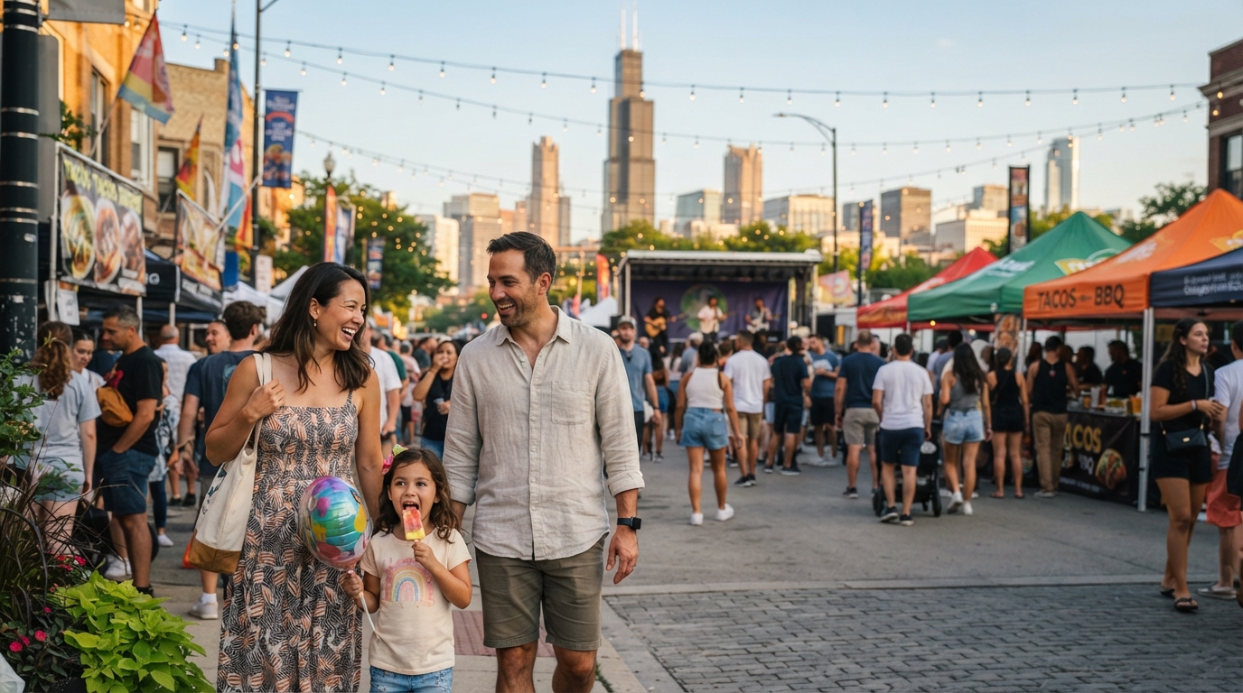 Editorial illustration for Five Chicago Community Festivals, Compared: From Grant Park's Food Giant to Bucktown's Garden Stroll