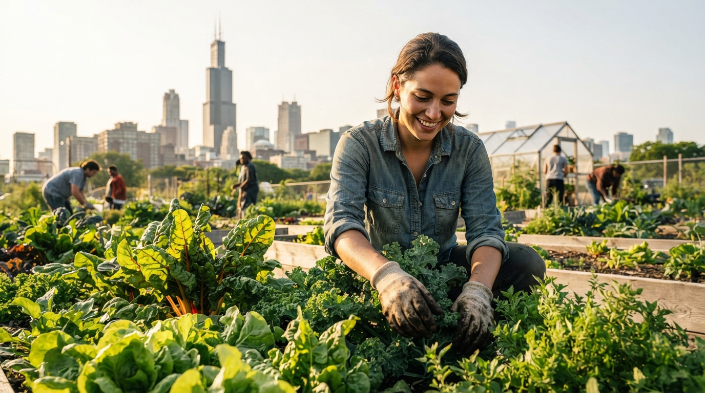 Editorial illustration for Plot, Pantry, or Paycheck: Choosing Your Path in Chicago Urban Agriculture
