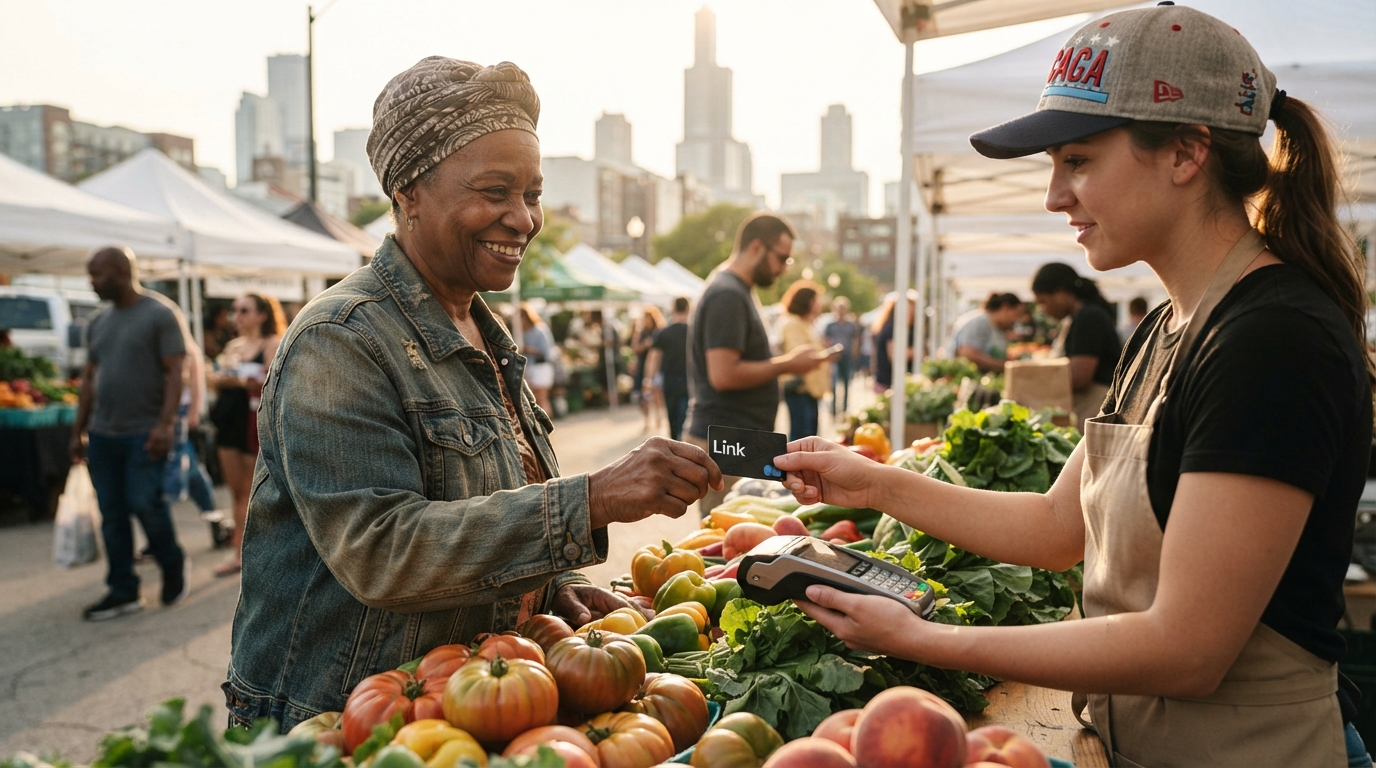 Editorial illustration for Where Your Link Card Goes Furthest: A Chicago Farmers Market Guide to Doubling and Tripling SNAP Benefits